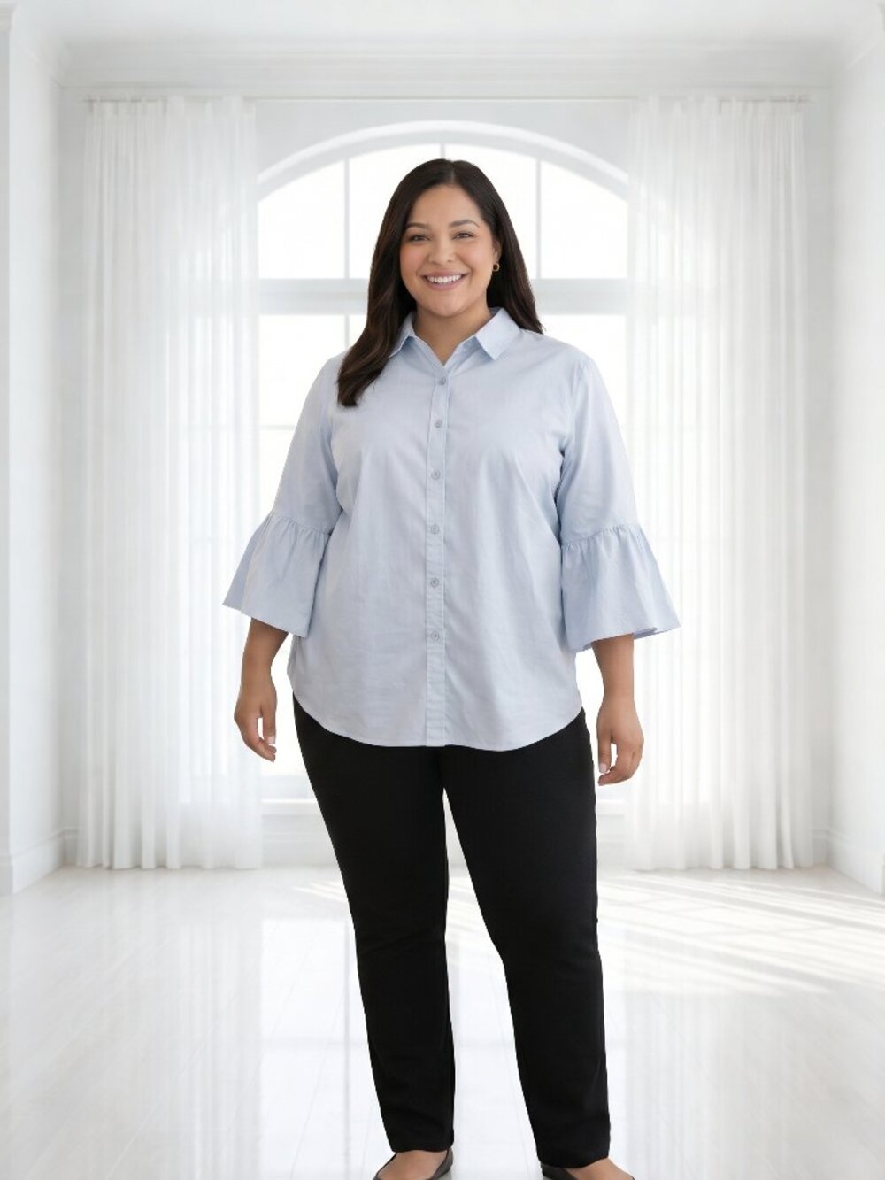 2/$20 SALE Counterparts Light Blue Flare Sleeve Button Down Blouse Size XL Soft